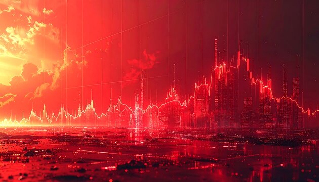 Red glowing city skyline with sharp peaks, reflects on a watery surface against a cloudy, sun-filled, fiery sky