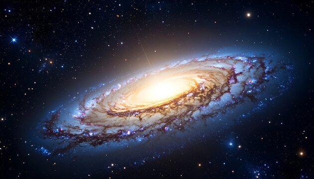 A spiraling galaxy illuminated by bright stars with swirling nebulae against a dark, starry space background