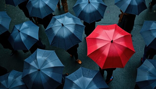 Vivid red umbrella stands out sharply from many dark blue umbrellas. Large crowd of people walk on wet city street, protected from rain. Top down aerial view strong leadership, uniqueness,