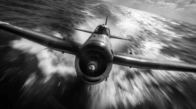 The Attack Run Begins Black and white dynamic shot of TBF Avenger diving toward ocean surface at steep angle, depth charges visible in bomb bay ready for release, propeller creating motion blur, ocean