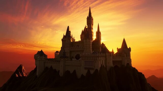 medieval castle scene, epic sunset view showcasing fortified castle against jagged terrain and fiery sky