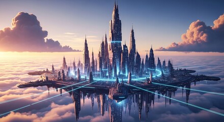Fototapeta premium Futuristic Cityscape Above Clouds with Neon Lights and Skyscrapers