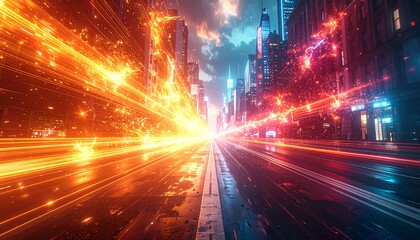 Energetic city street scene showing streaks of light in vivid orange and blue tones amid skyscrapers at twilight