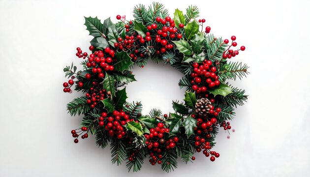 A vibrant, overhead shot reveals a holiday wreath. Evergreen needles, holly leaves, and abundant red berries form a circular design against a white backdrop - Powered by Adobe