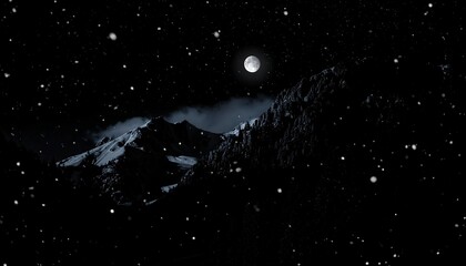 Snowy nightscape of jagged mountains under a bright moon, snowfall visible against the dark sky and terrain