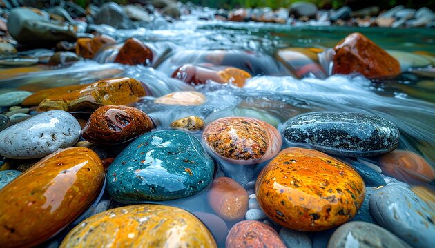 Smooth, colorful rocks sit in shallow, flowing water with blurred motion, set against a blurry forest background