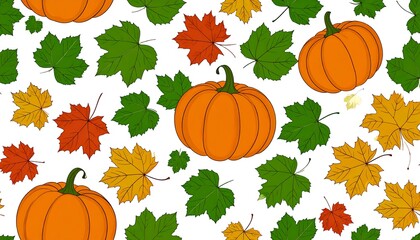Pattern of bright pumpkins and colorful leaves scattered on a white background, evoking autumn vibes