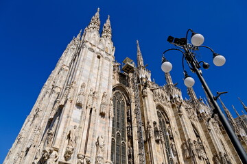low angle view of Milan Cathedral (Duomo di Milano) Gothic architecture