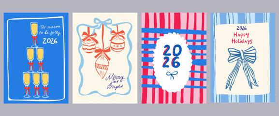 Set of Christmas greeting cards and party invitations in hand drawn vintage style, gifts, la dolce vita,  Christmas tree, candles, bows and champagne in pink, red, green and blue colors, 