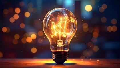 Illuminated glass light bulb with glowing filaments rests on a shiny surface; blurred city background with bokeh lights