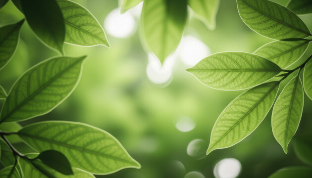 A closeup nature view of a beautiful fresh green leaf on a blurred greenery background in the garden with sunlight and soft bokeh creating a peaceful, tranquil scene.