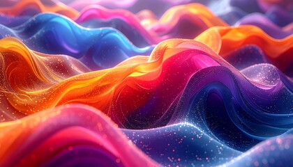 Abstract wavy surface, luminous, with vibrant colors blending from blues and purples to oranges and pinks with sparkling particles