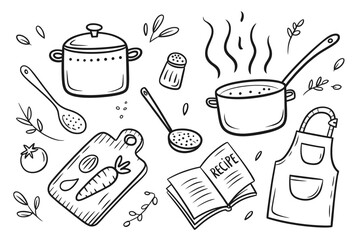 Hand drawn kitchen utensils and ingredients
