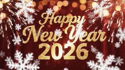 Happy New Year 2026 Greeting with Snowflakes and Bokeh Lights