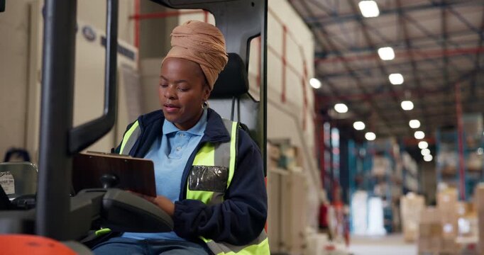 Warehouse, clipboard and black woman on forklift for logistics, inspection and stock schedule. Storage depot, thinking and person on machine with paperwork for shipping, supply chain and distribution