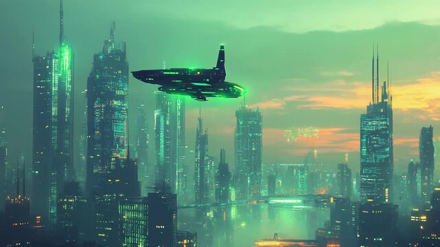 Futuristic cityscape with flying spaceship in a sci fi metropolis
