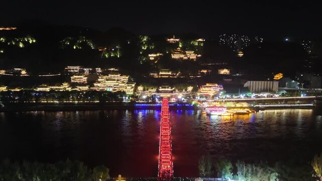 Zhongshanqiao Pagoda at Night, Lanzhou Gansu China Aerial View