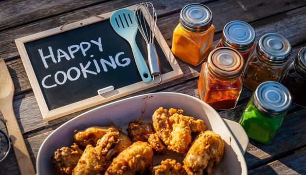 Happy Cooking Sign on Tabletop with Utensils and Fried Chicken Meal