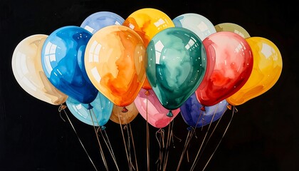 Vibrant watercolor painting of a bunch of colorful balloons against a stark black background