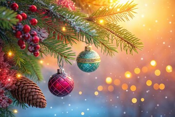 Christmas tree branch with ornaments and festive winter lights