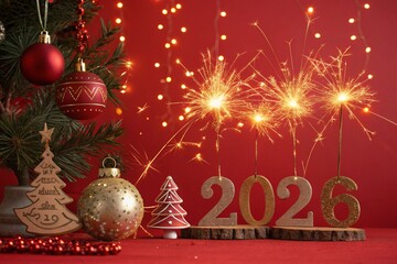 New Year 2026 celebration with sparklers and Christmas decorations on red background