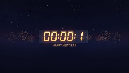Digital clock shows one second to midnight amid golden fireworks and sparkling particles on a dark blue background, evoking new years countdown excitement and celebration