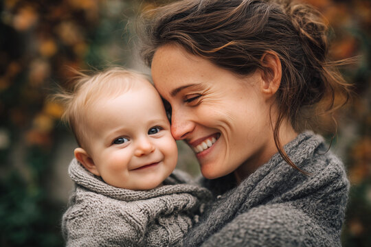 A woman is holding a baby and smiling