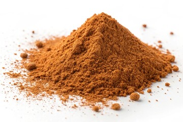 Pile of ground cinnamon powder on white background