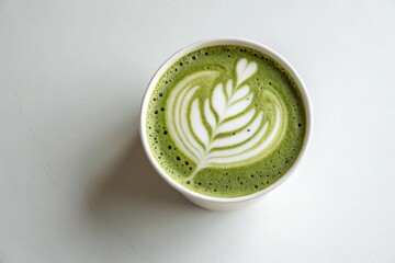 Matcha latte with leaf latte art on white background