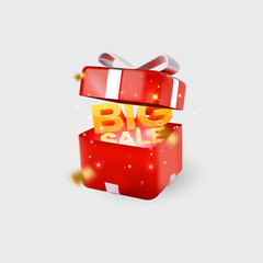 Big sale text coming out of a gift box. 3D illustration of a surprise gift