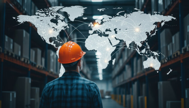 Warehouse manager overseeing global logistics and supply chain. Man with helmet managing worldwide shipping business and distribution network using future technology.