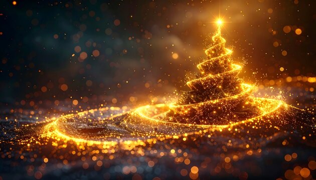 Luminous golden tree spiral on dark backdrop, glowing like pixie dust, sparkles gently in a blurred bokeh light