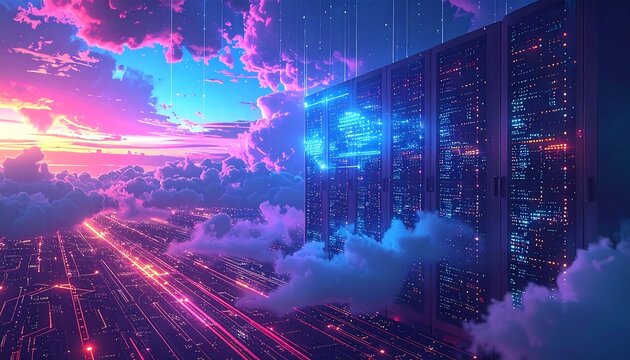 A server farm floating amidst clouds with radiant pink and blue skies, set above a glowing grid network