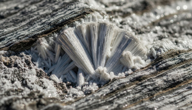 A macro close-up of white needle ice crystals reveals a delicate fibrous texture. This abstract frost formation creates a unique natural pattern on a dark wooden surface.