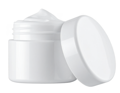Open white jar of cosmetic face or body cream with the lid beside it. Isolated on transparent background