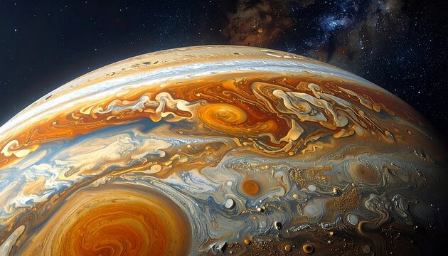 Detailed view of Jupiter's swirling clouds and colors against a starry backdrop in space