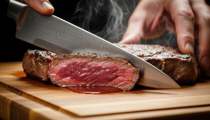 The chef cuts a juicy medium-rare steak with a sharp knife on a wooden cutting board, symbolizing fine dining, culinary artistry, meat preparation, and the dining experience.