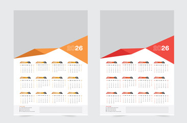 Two Color Wall Calendar 2026, Modern Layout with Clean Printable Design, New Year Planner with Weekly and Monthly Sections, Contact and Note Options for Office and Business Use