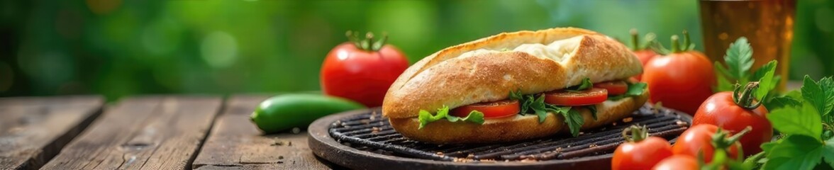A rustic wooden picnic table holds a sizzling baguette sandwich on a barbecue grill, surrounded by fresh herbs and vegetables The perfect summer meal , tomatoes, summer