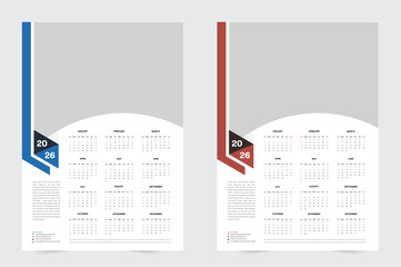 Two Colors 2026 Calendar Template Modern Wall Calendar Design with Monthly Layout, Days, Notes Section, Text Placement Options, Clean Minimal Style, Professional Printable Calendar for Business and 