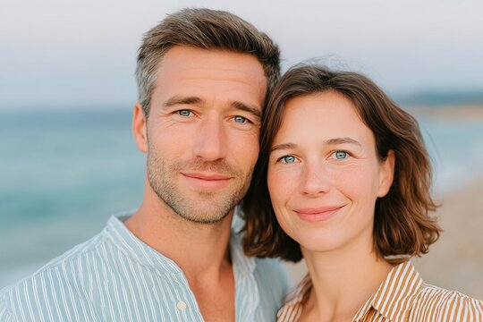 Couple enjoying a seaside moment during sunset at a tranquil beach - Powered by Adobe