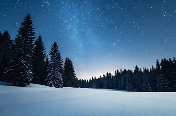 Starry winter night sky over snowy forest with tall fir trees