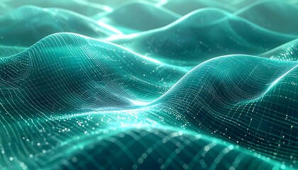 Shimmering, abstract, blue-green waves flow across a grid-like surface, evoking a sense of digital energy and movement