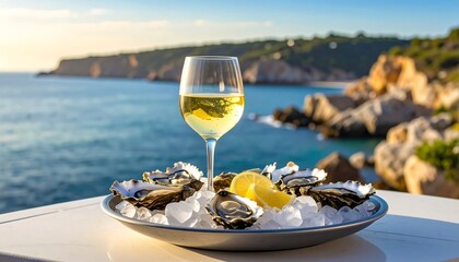 Oysters, lemon, and wine on ice, against a bright coastal backdrop with cliffs and ocean view