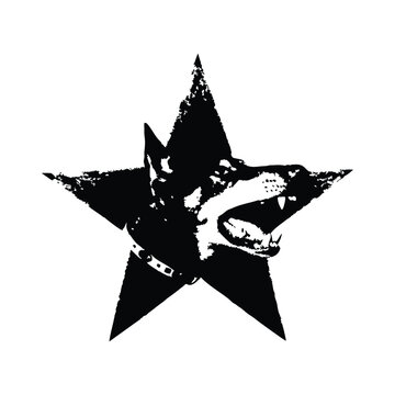 Black and white illustration of a fierce doberman dog head with a black star background shape in retro vintage punk style