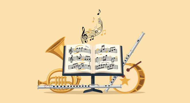 Musical ensemble with sheet music and instruments brass, woodwind, and percussion harmony