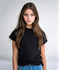 Girl in a black T-shirt. DTF printing template.