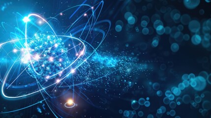 Abstract representation of atomic structure with glowing particles and blue light effects. Concept of science, technology, and energy.