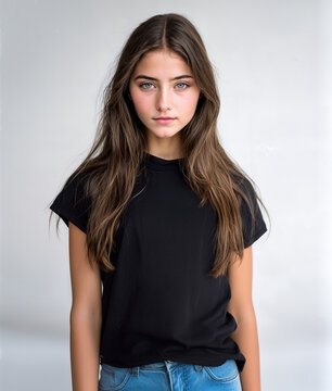 Girl in a black T-shirt. DTF printing template.