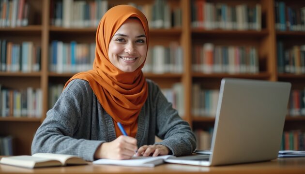 Young smiling muslim woman in orange hijab works at library desk. Writes notes in book, studies, learns, reads. Laptop on table, many bookshelves behind. Student teacher concentrates on knowledge, - Powered by Adobe